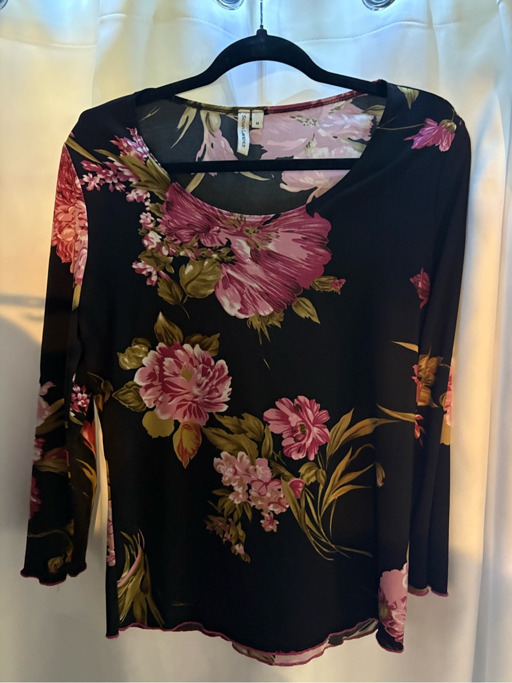 Susan Lawrence Black Floral Long Sleeve Top with Pink & Olive Blooms